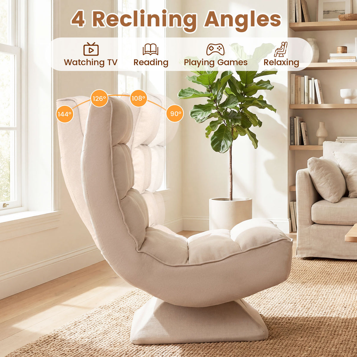 4-Position Adjustable Floor Chair with Swivel Base-Beige