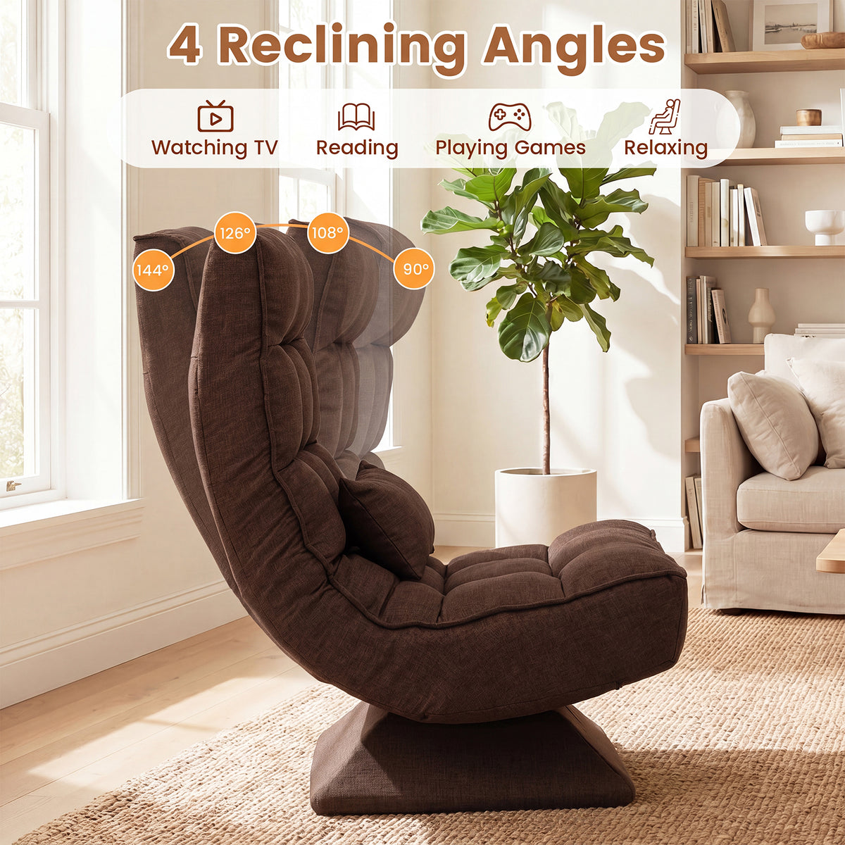4-Position Adjustable Floor Chair with Swivel Base-Brown