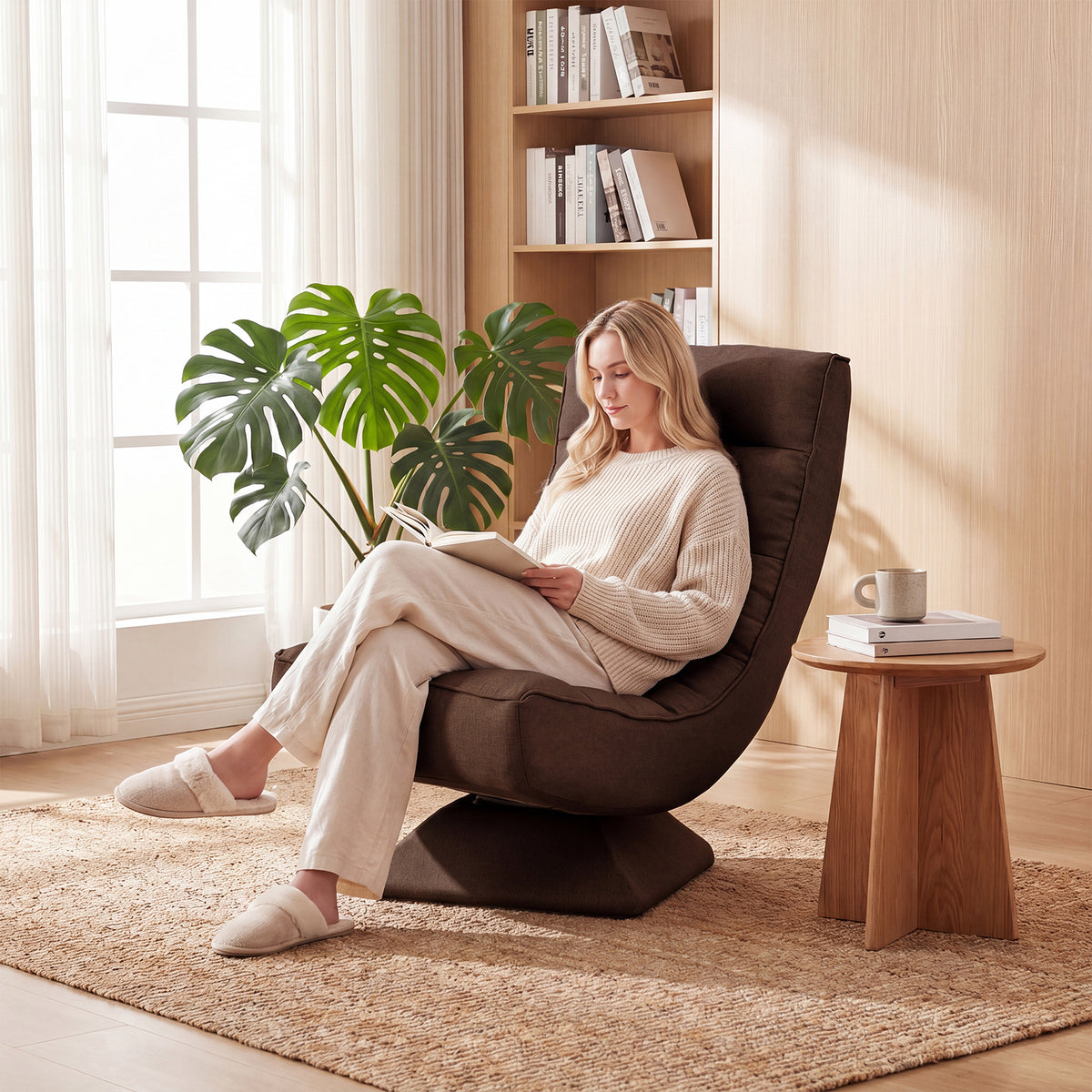 4-Position Adjustable Floor Chair with Swivel Base-Brown