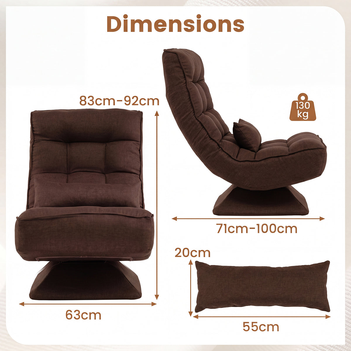 4-Position Adjustable Floor Chair with Swivel Base-Brown