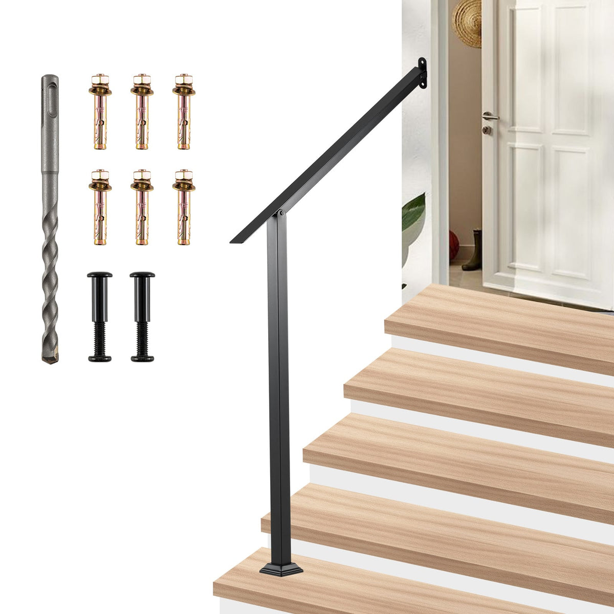 4 Step Wall Mount Stair Handrail Heavy-Duty Adjustable Galvanized Steel Railing with Installation Kit for Concrete