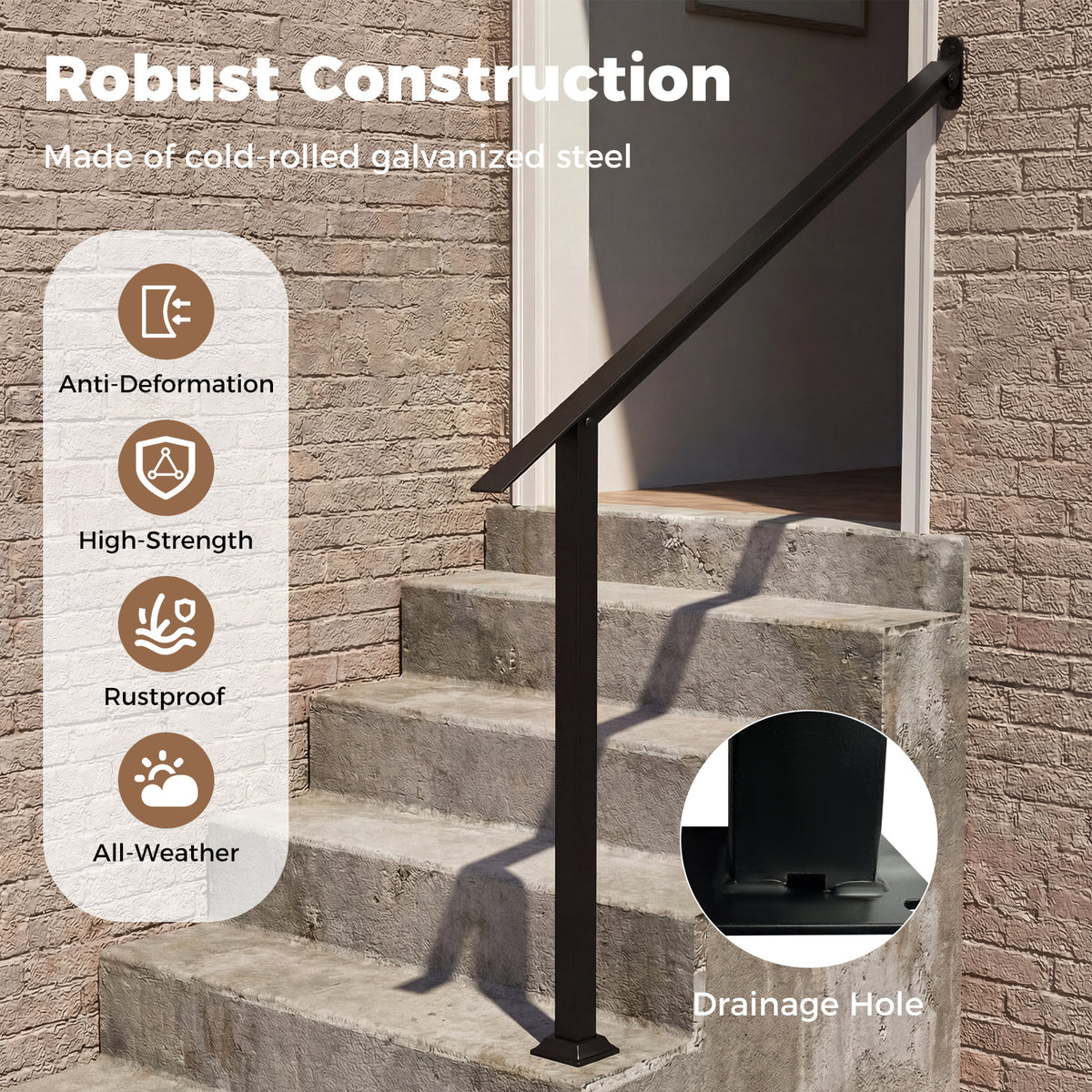 4 Step Wall Mount Stair Handrail Heavy-Duty Adjustable Galvanized Steel Railing with Installation Kit for Concrete