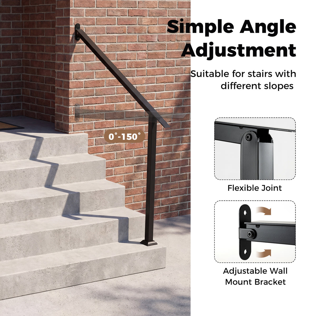 4 Step Wall Mount Stair Handrail Heavy-Duty Adjustable Galvanized Steel Railing with Installation Kit for Concrete