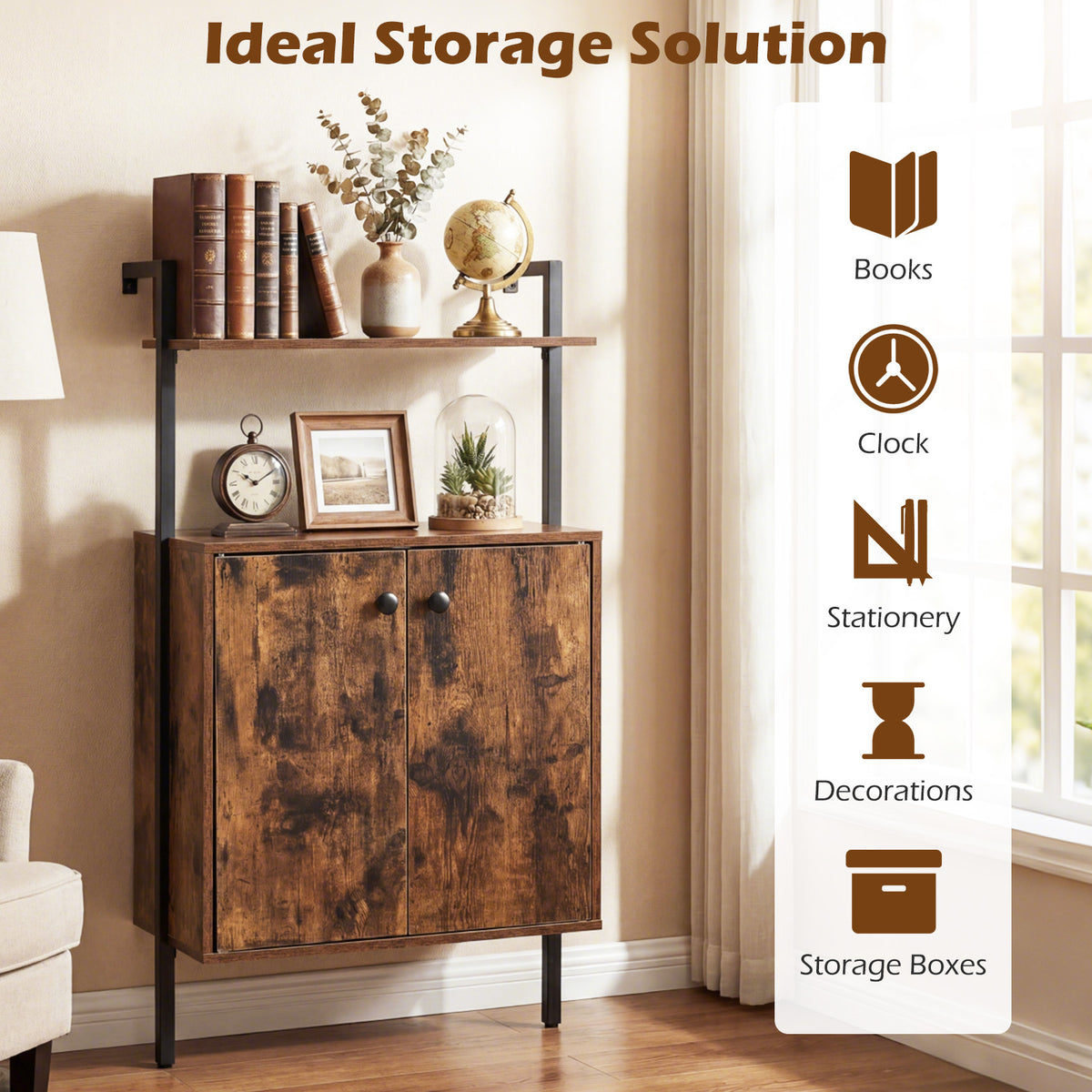 4-Tier Bookshelf with Double-Door Cabinet and Heavy-Duty Metal Frame-Rustic Brown