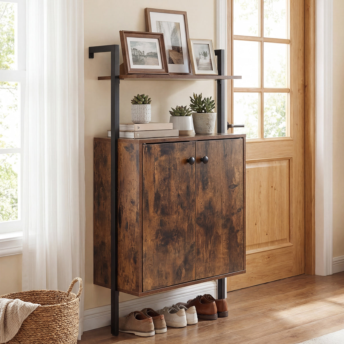 4-Tier Bookshelf with Double-Door Cabinet and Heavy-Duty Metal Frame-Rustic Brown