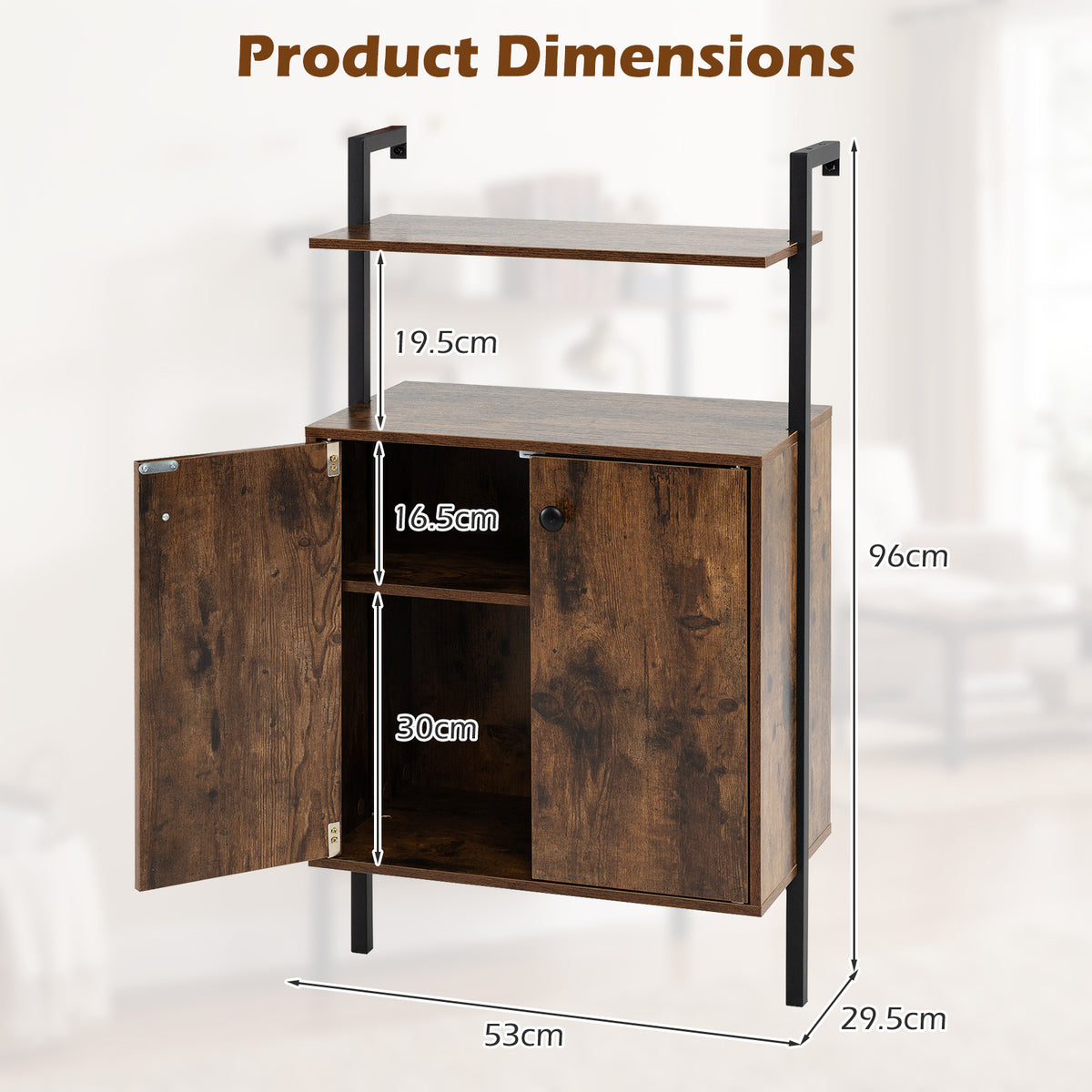 4-Tier Bookshelf with Double-Door Cabinet and Heavy-Duty Metal Frame-Rustic Brown