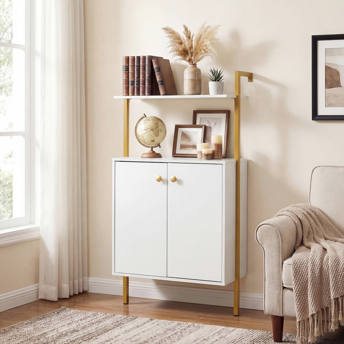 4-Tier Bookshelf with Double-Door Cabinet and Heavy-Duty Metal Frame-White