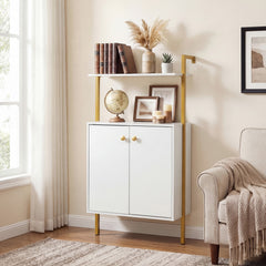 4-Tier Bookshelf with Double-Door Cabinet and Heavy-Duty Metal Frame-White