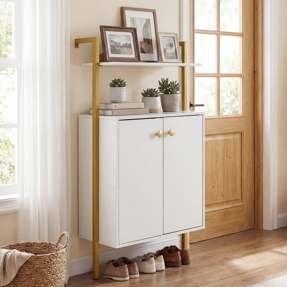 4-Tier Bookshelf with Double-Door Cabinet and Heavy-Duty Metal Frame-White