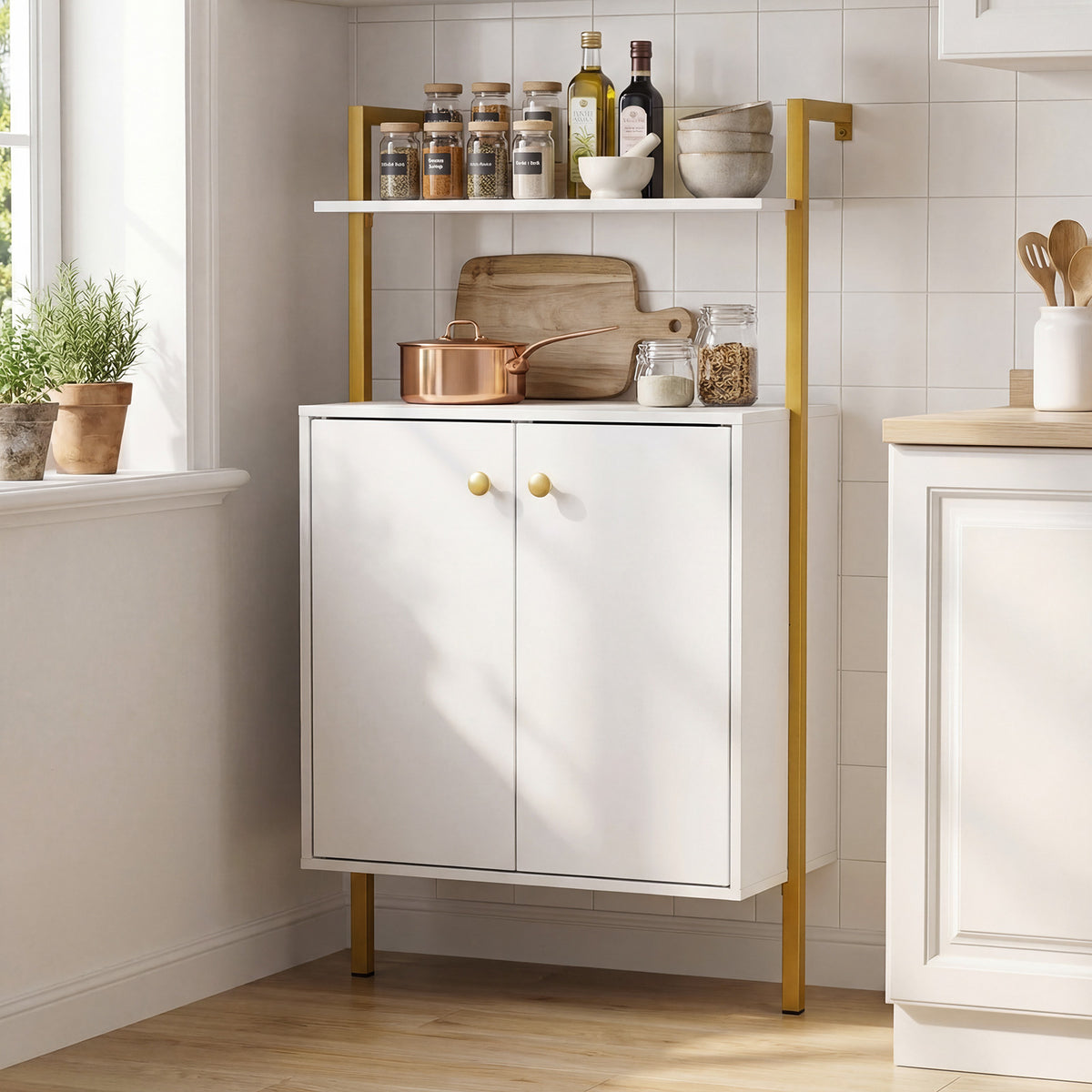 4-Tier Bookshelf with Double-Door Cabinet and Heavy-Duty Metal Frame-White