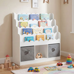 4-Tier Kids Bookshelf and Toy Storage with 2 Foldable Fabric Drawers-White