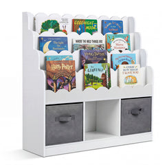 4-Tier Kids Bookshelf and Toy Storage with 2 Foldable Fabric Drawers-White