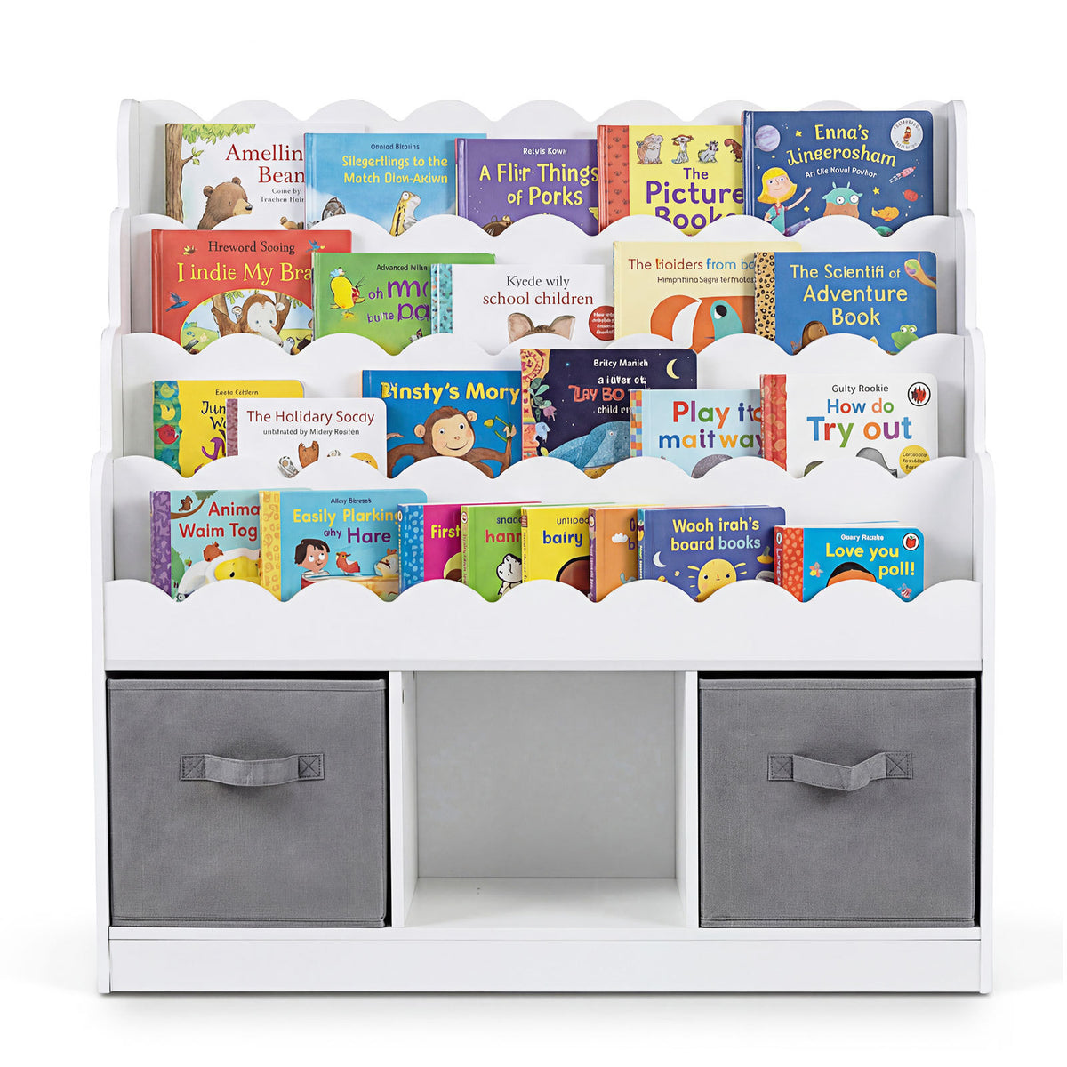 4-Tier Kids Bookshelf and Toy Storage with 2 Foldable Fabric Drawers-White