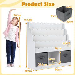 4-Tier Kids Bookshelf and Toy Storage with 2 Foldable Fabric Drawers-White