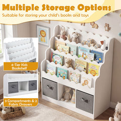 4-Tier Kids Bookshelf and Toy Storage with 2 Foldable Fabric Drawers-White