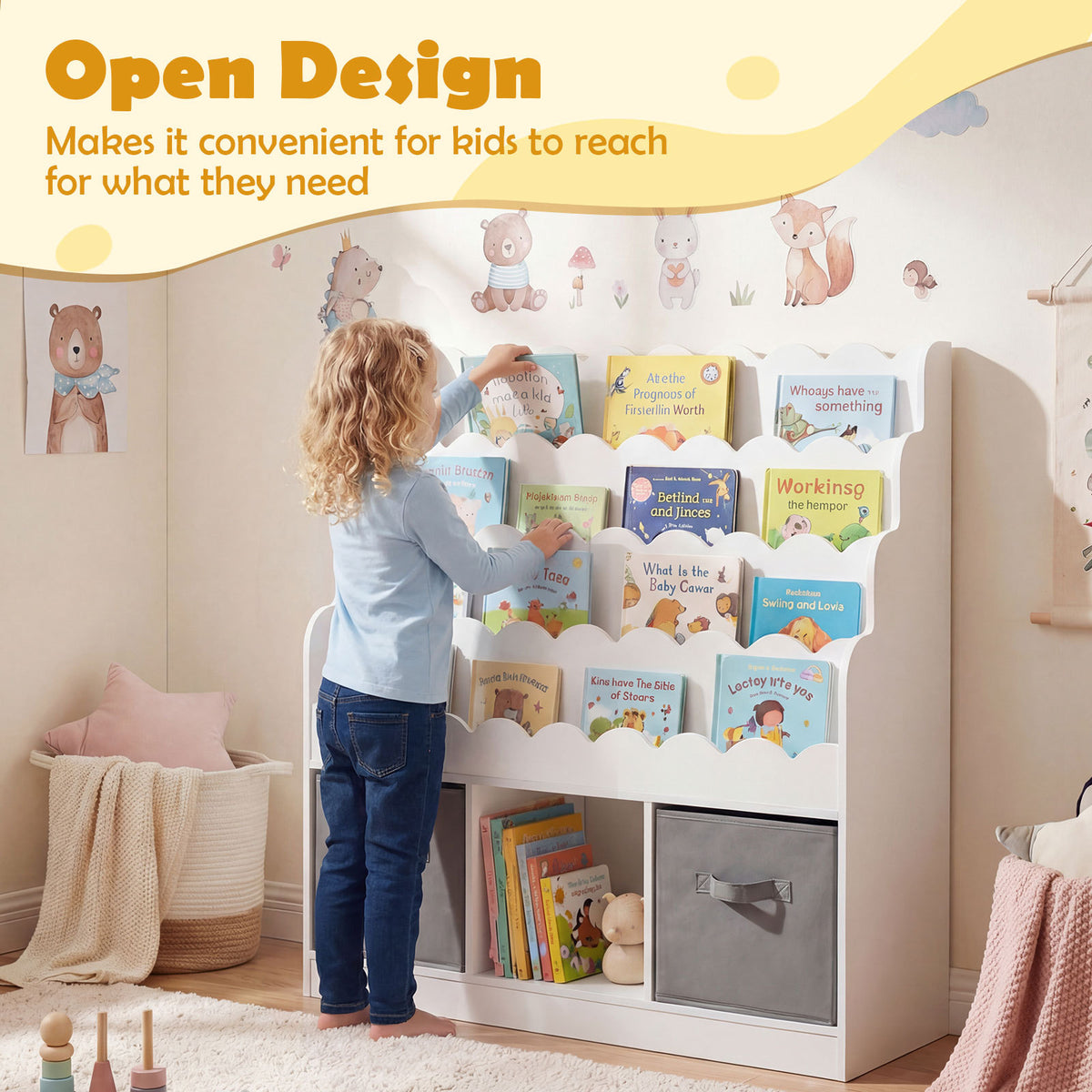 4-Tier Kids Bookshelf and Toy Storage with 2 Foldable Fabric Drawers-White