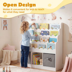 4-Tier Kids Bookshelf and Toy Storage with 2 Foldable Fabric Drawers-White