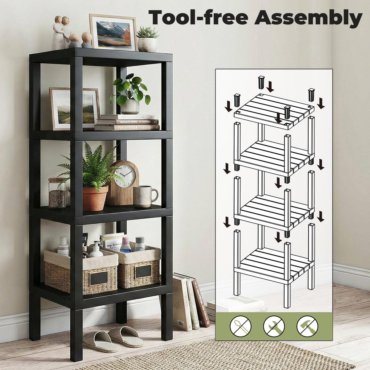 4-Tier Plastic Storage Shelf Freestanding Utility Rack-Black