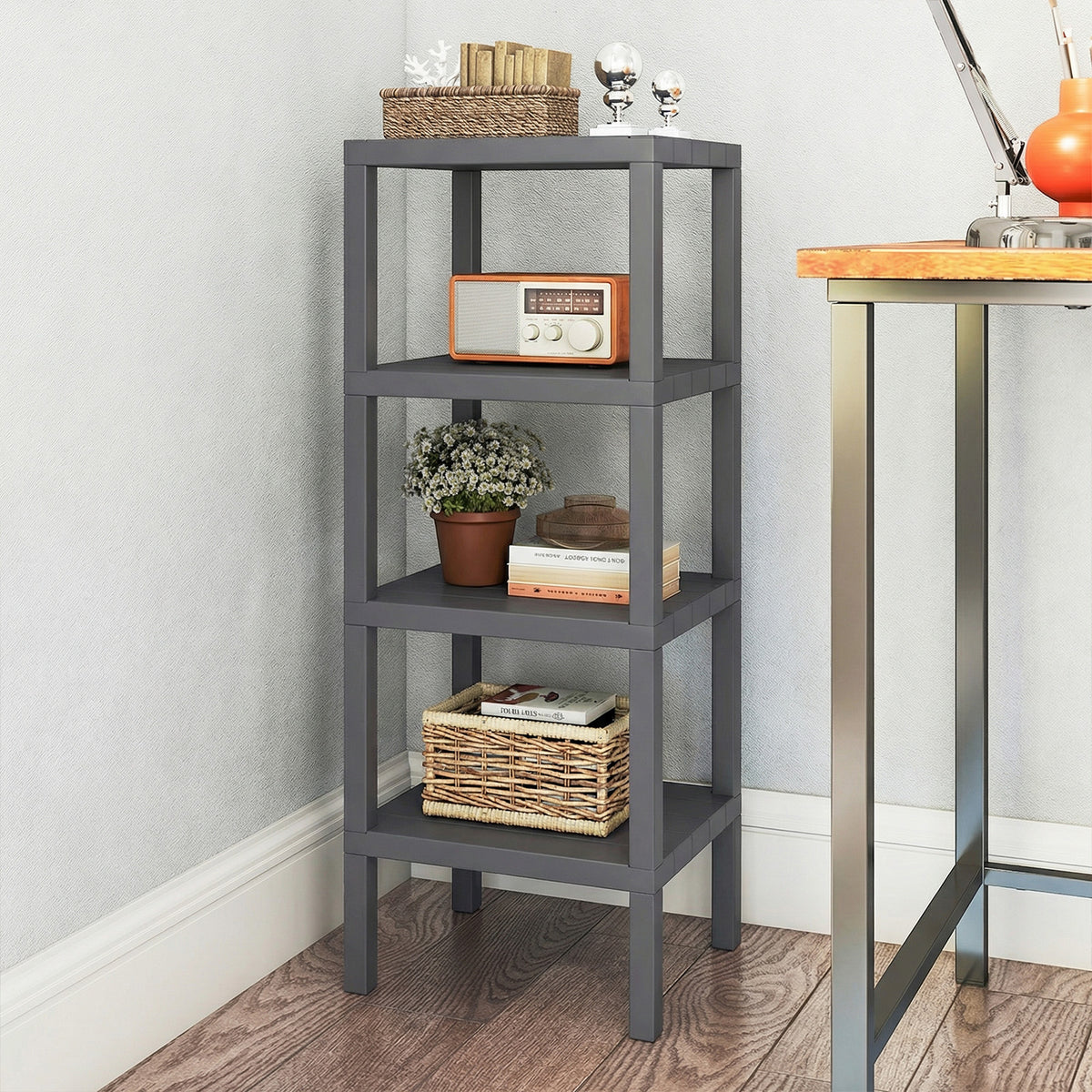 4-Tier Plastic Storage Shelf Freestanding Utility Rack-Grey