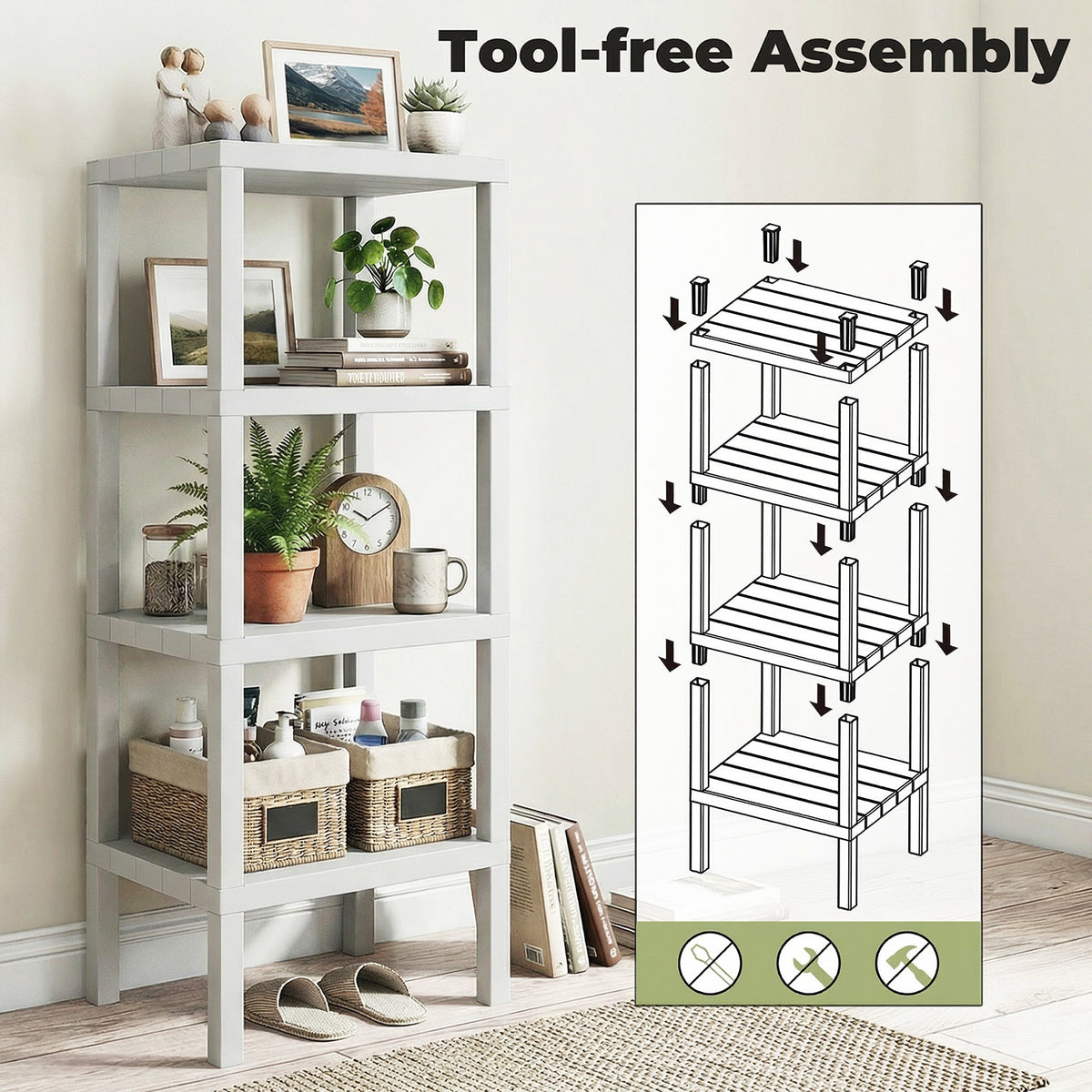 4-Tier Plastic Storage Shelf Freestanding Utility Rack-White