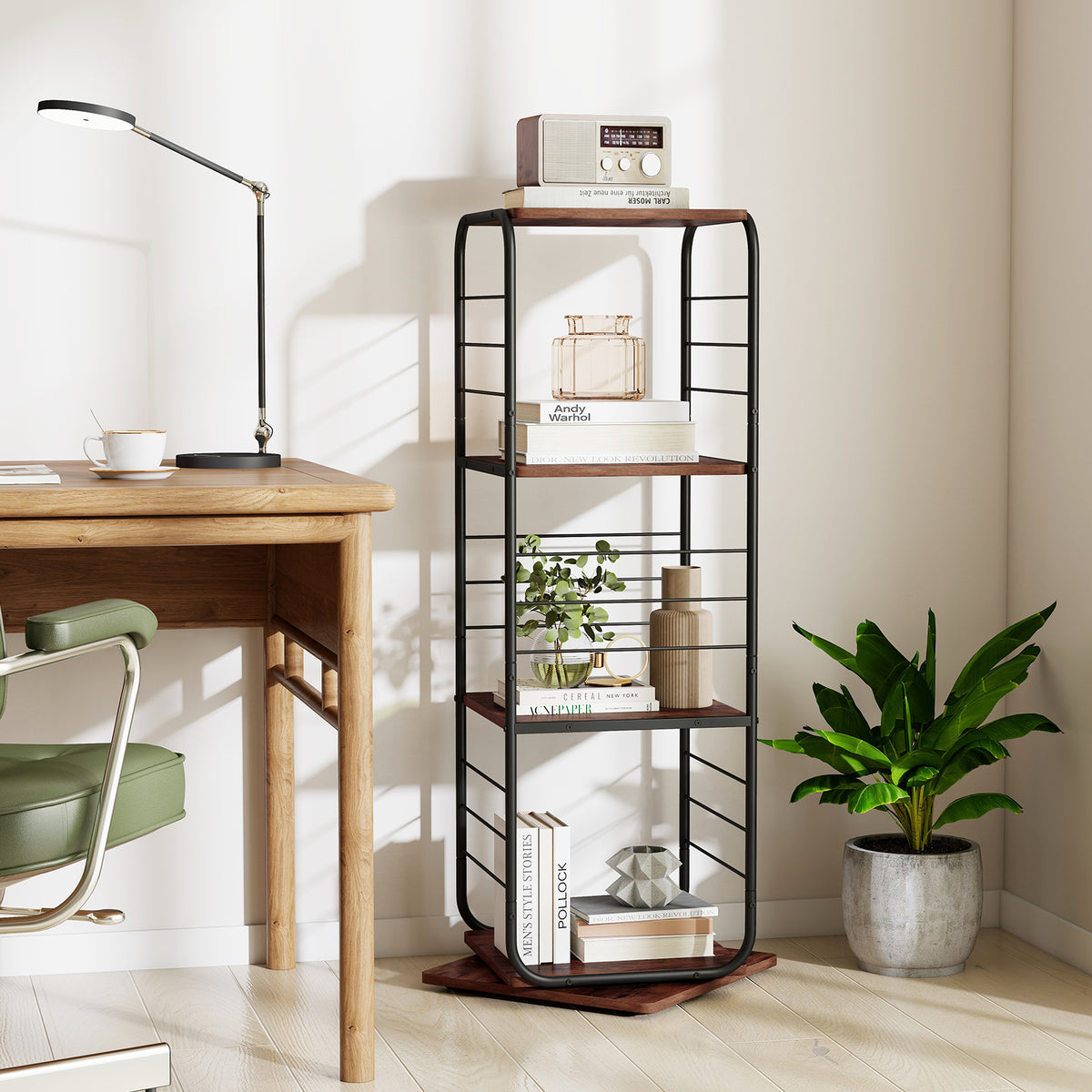4-Tier Rotating Bookshelf 360° Spinning Bookcase Tower-Rustic Brown