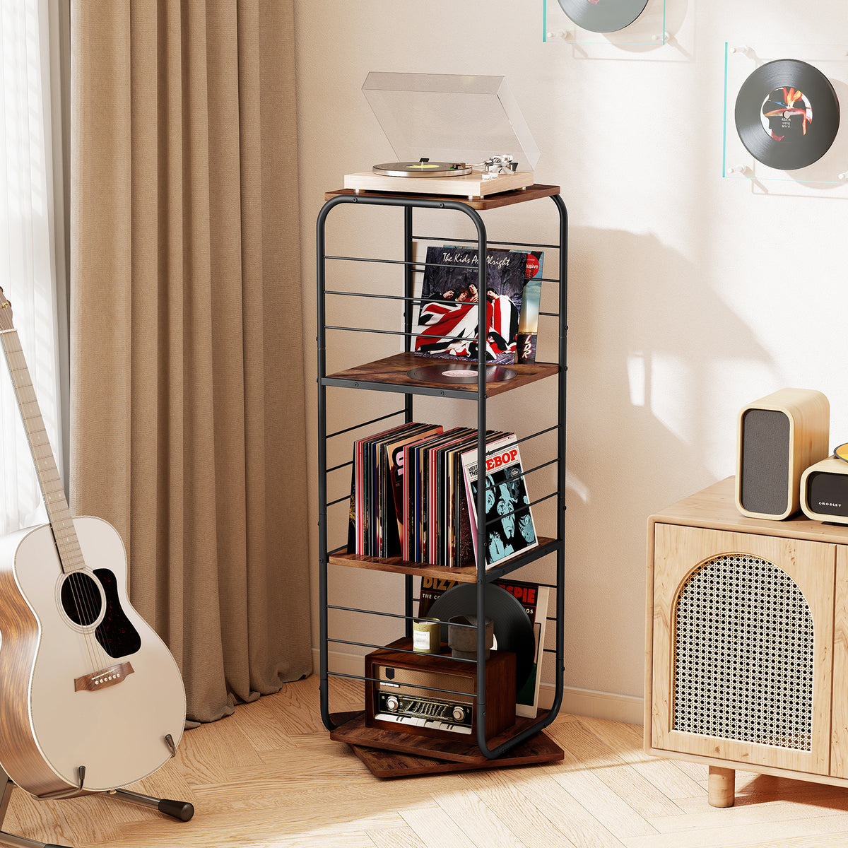 4-Tier Rotating Bookshelf 360° Spinning Bookcase Tower-Rustic Brown