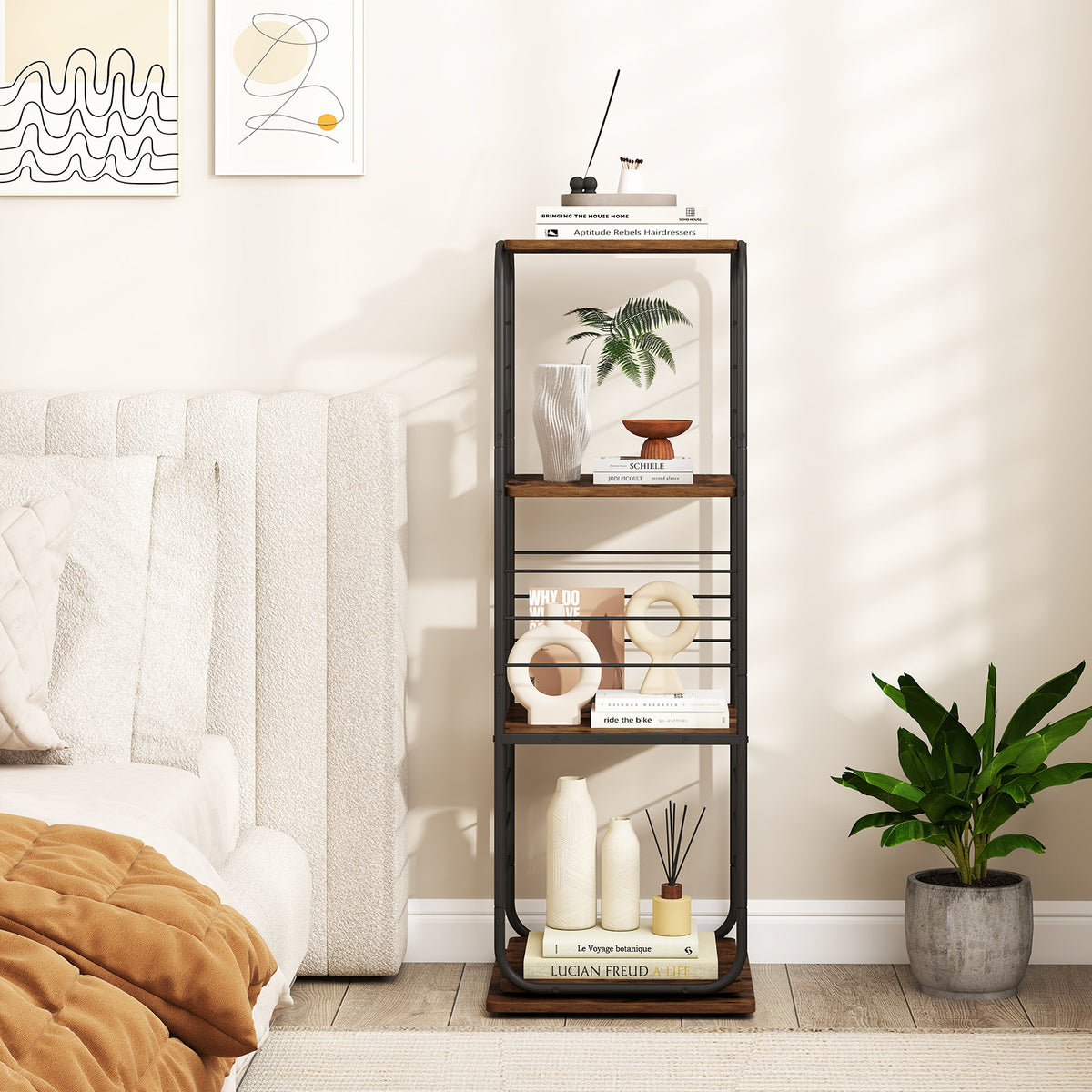 4-Tier Rotating Bookshelf 360° Spinning Bookcase Tower-Rustic Brown