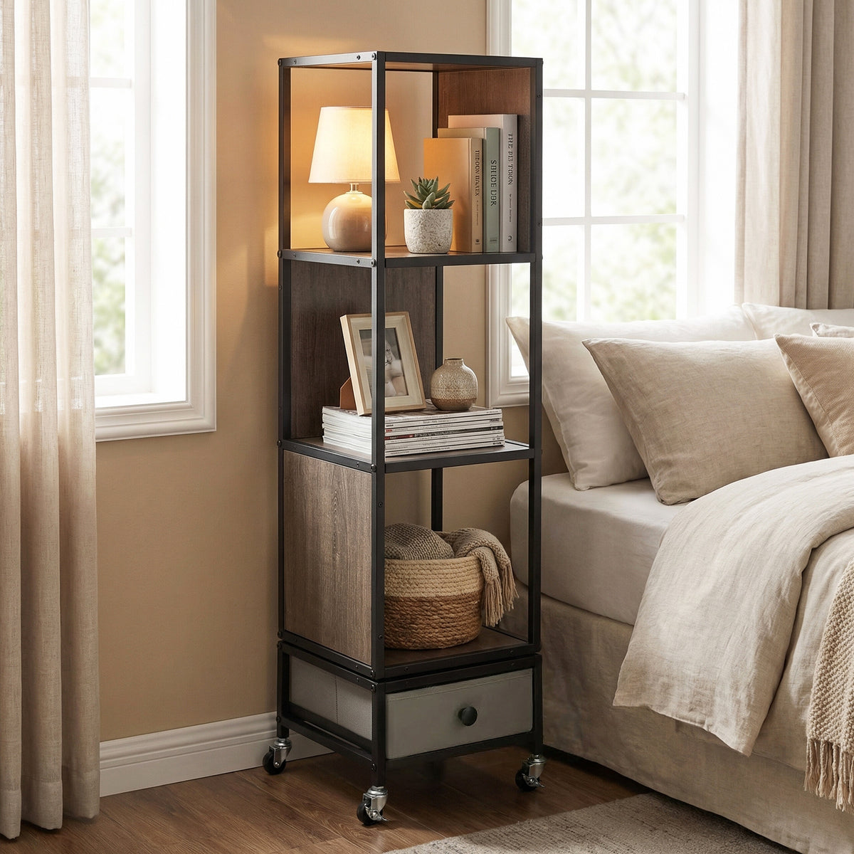 4-Tier Rotating Bookshelf on Wheels for Living Room Office-Grey