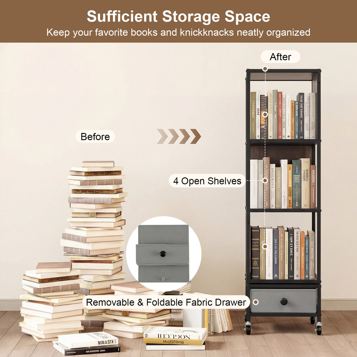 4-Tier Rotating Bookshelf on Wheels for Living Room Office-Grey