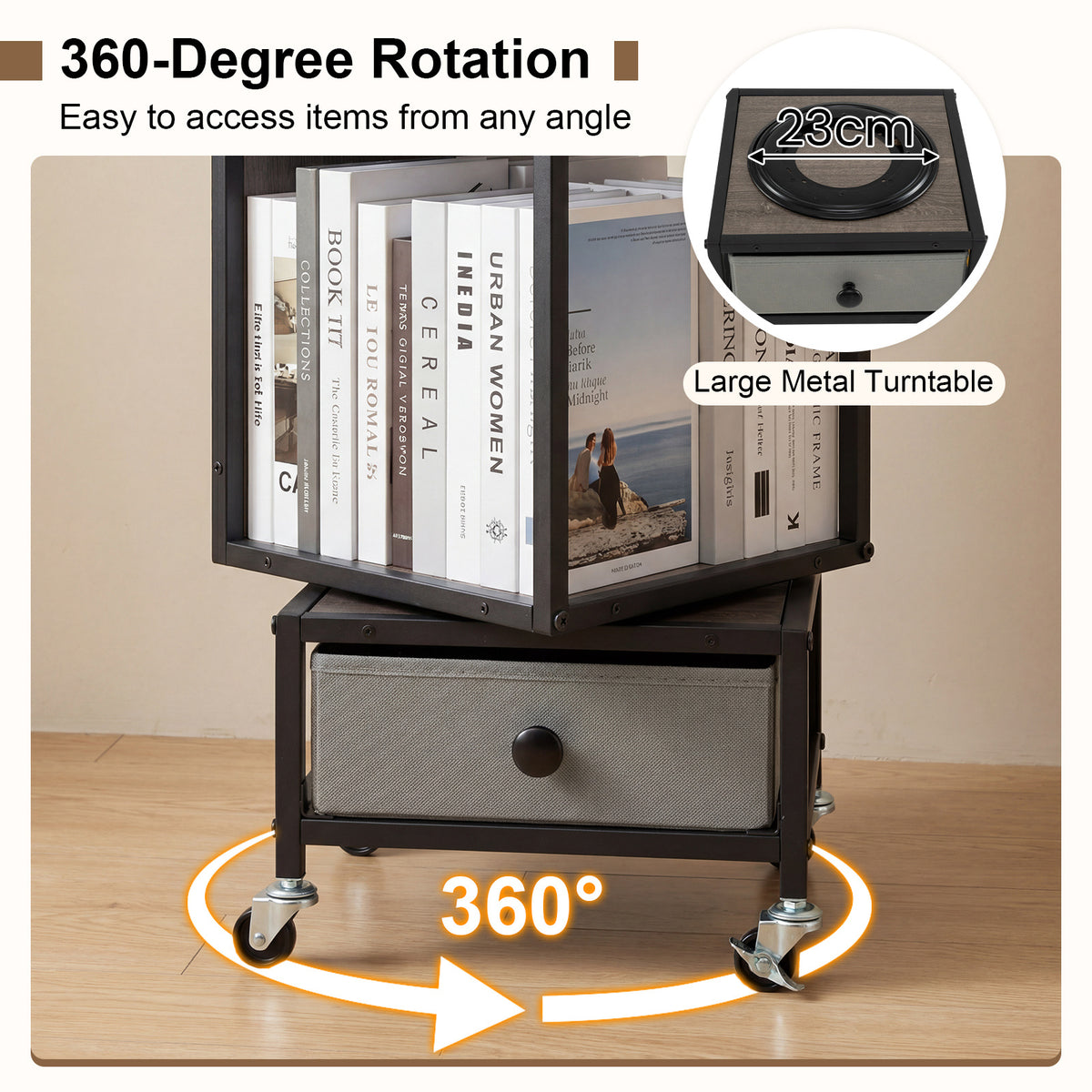 4-Tier Rotating Bookshelf on Wheels for Living Room Office-Grey