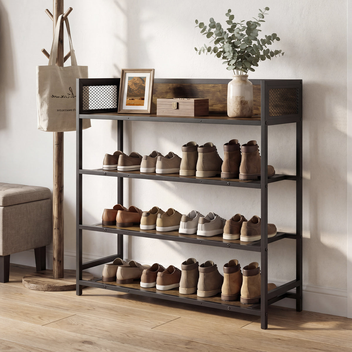 4-Tier Shoe Rack Industrial Shoe Organizer with Heavy Duty Metal Frame-Brown