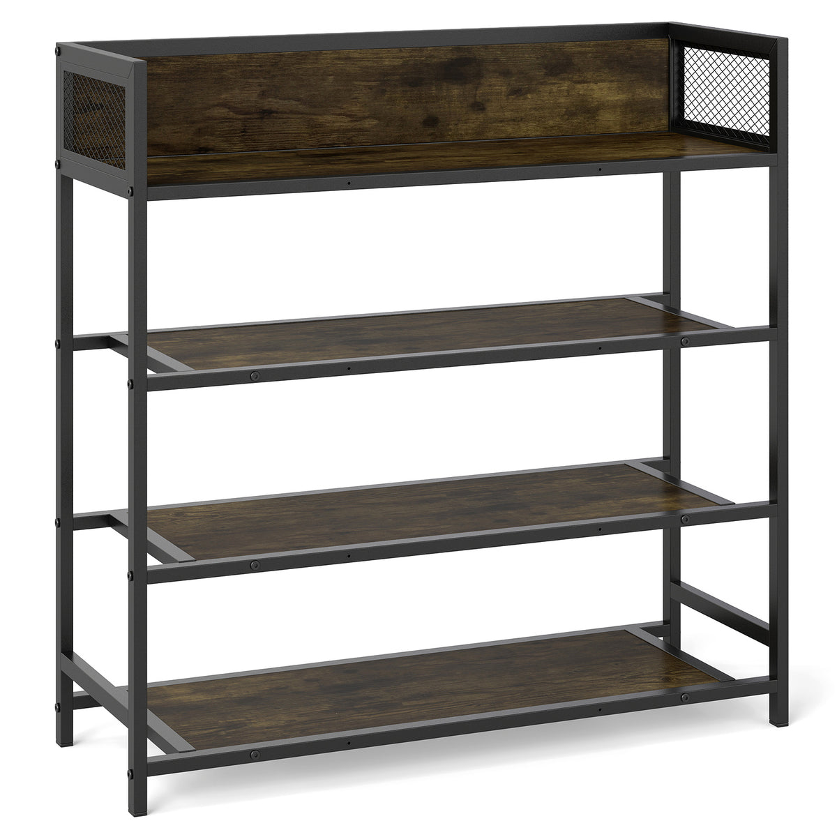 4-Tier Shoe Rack Industrial Shoe Organizer with Heavy Duty Metal Frame-Brown