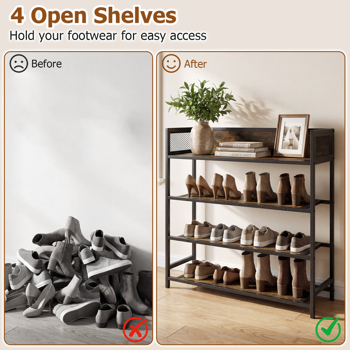 4-Tier Shoe Rack Industrial Shoe Organizer with Heavy Duty Metal Frame-Brown