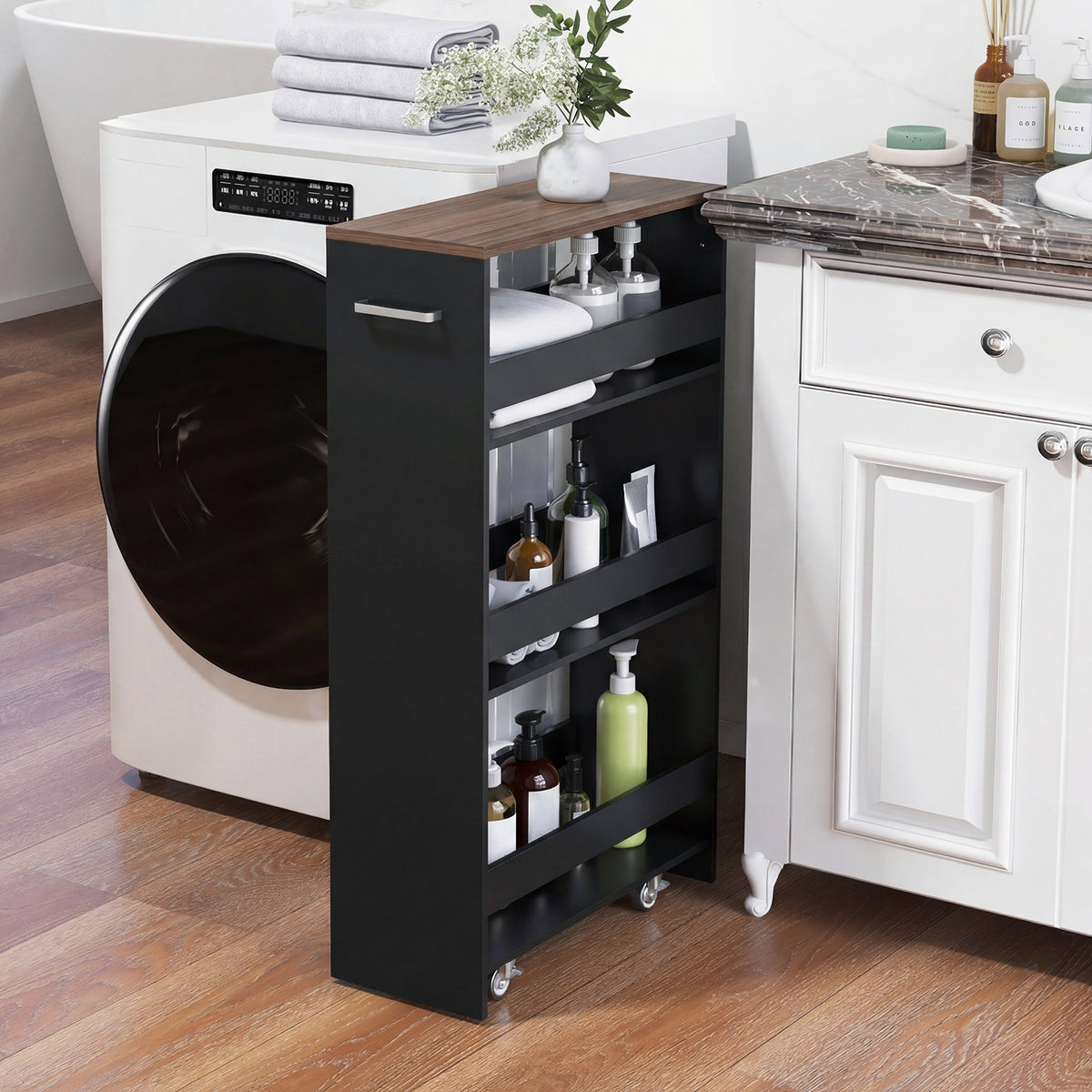 4-Tier Slim Storage Cart with Open Shelves for Kitchen-Black