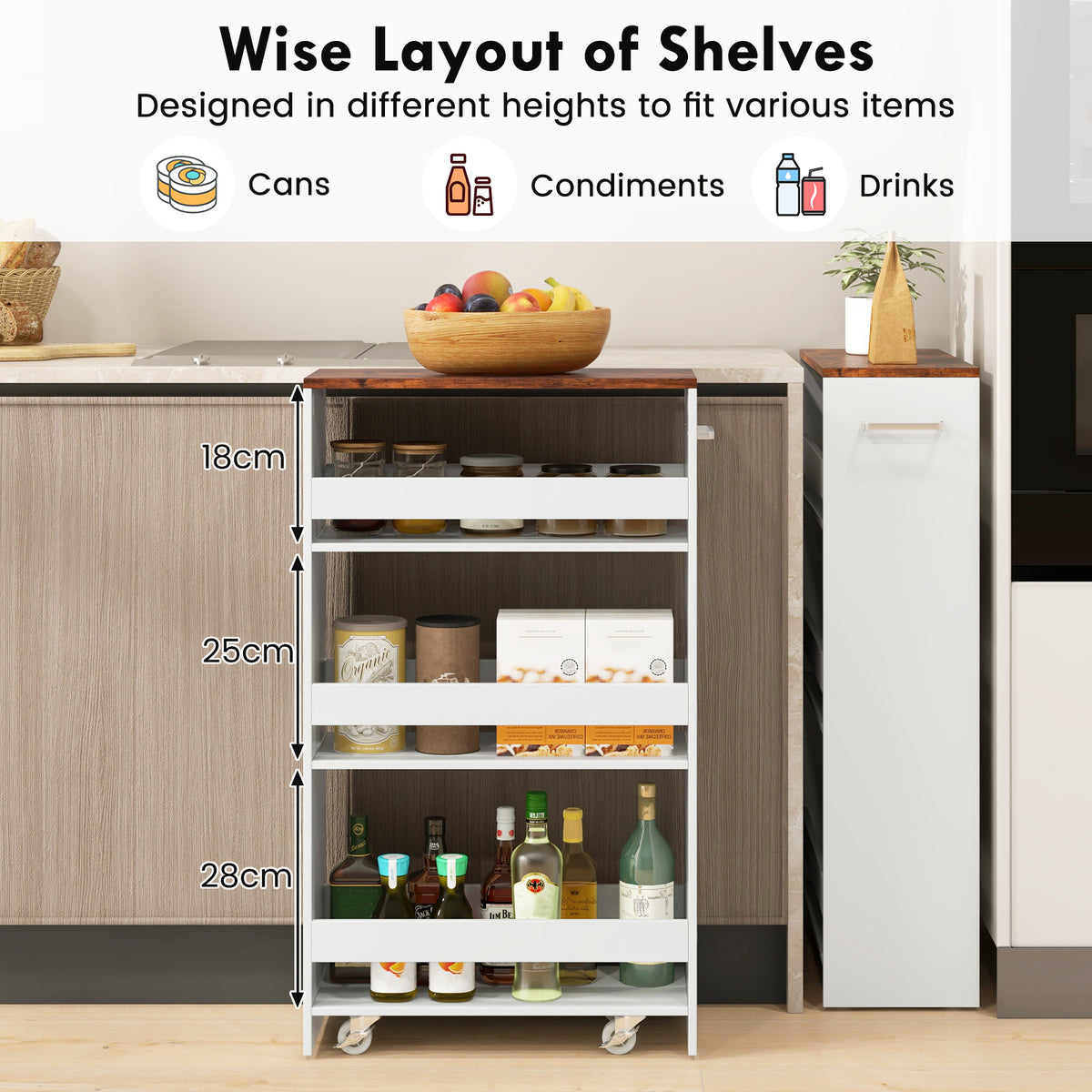 4-Tier Slim Storage Cart with Open Shelves for Kitchen-Rustic Brown