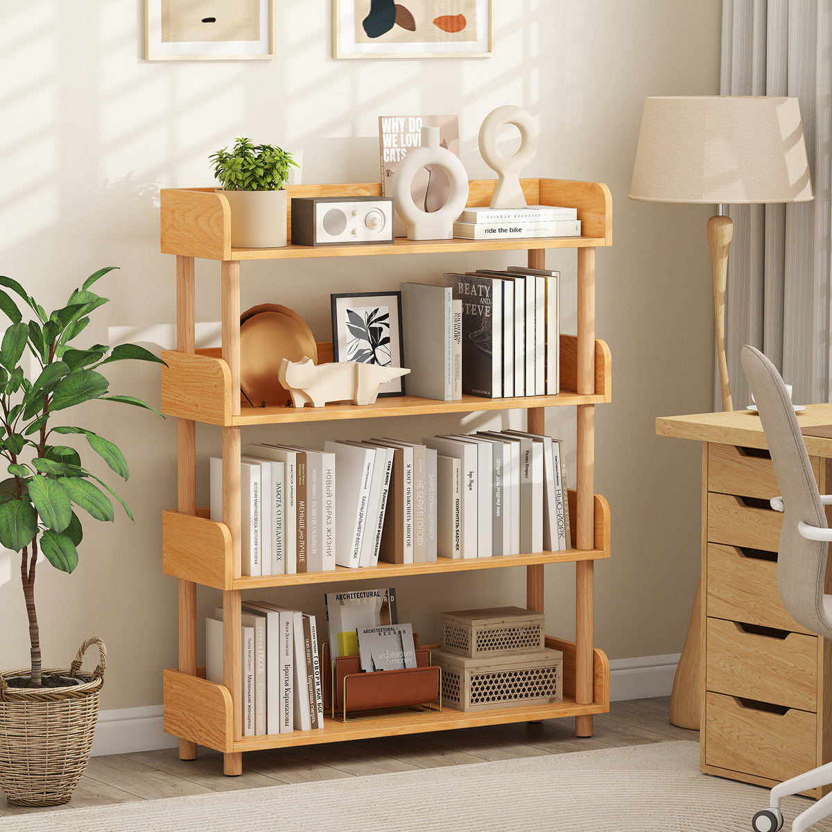 4-Tier Wooden Bookshelf with Sturdy Pine Wood Posts and Elevated Guardrails for Living Room-Natrual