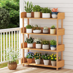 4-Tier Wooden Bookshelf with Sturdy Pine Wood Posts and Elevated Guardrails for Living Room-Natrual