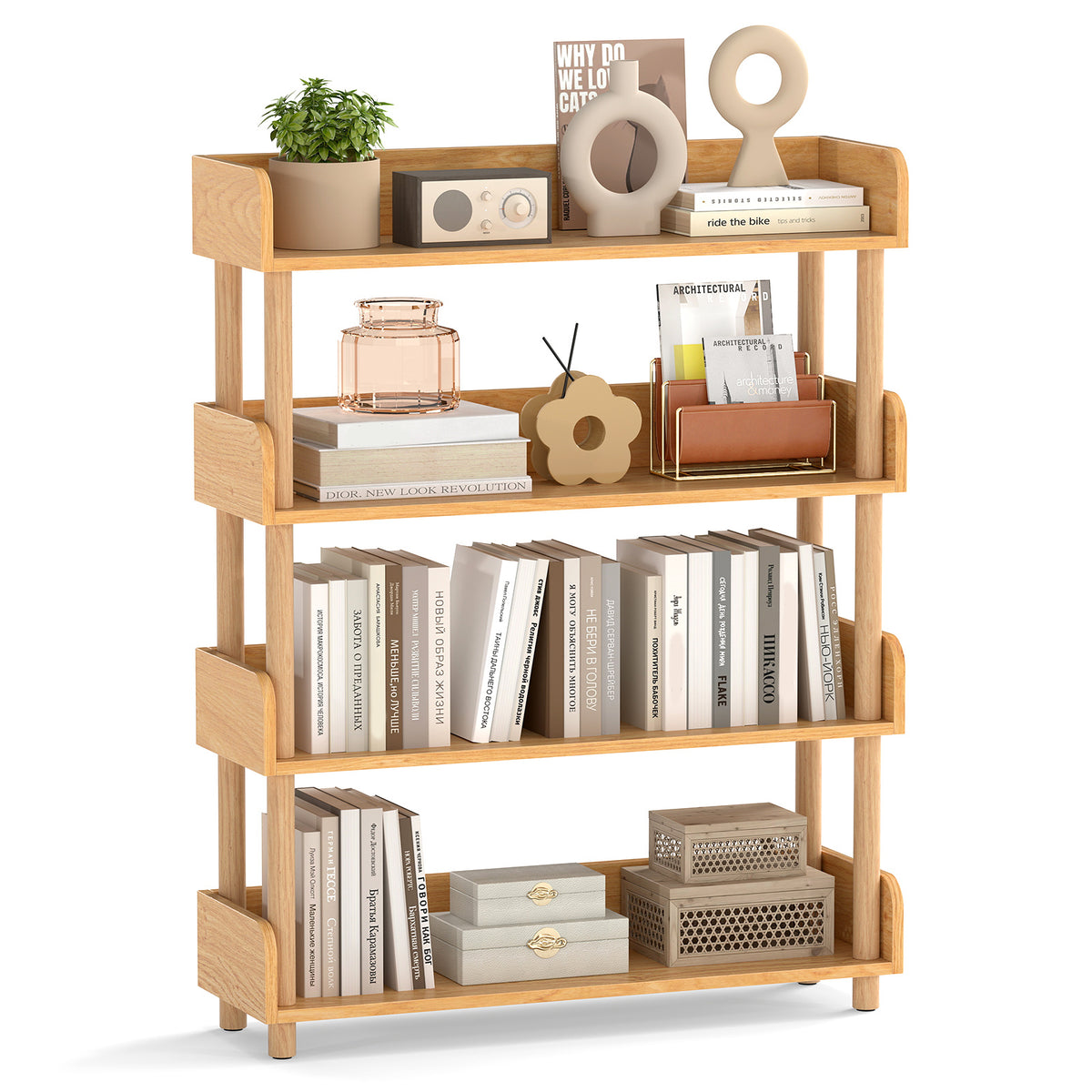 4-Tier Wooden Bookshelf with Sturdy Pine Wood Posts and Elevated Guardrails for Living Room-Natrual