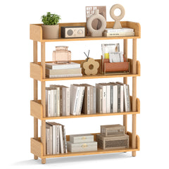 4-Tier Wooden Bookshelf with Sturdy Pine Wood Posts and Elevated Guardrails for Living Room-Natrual