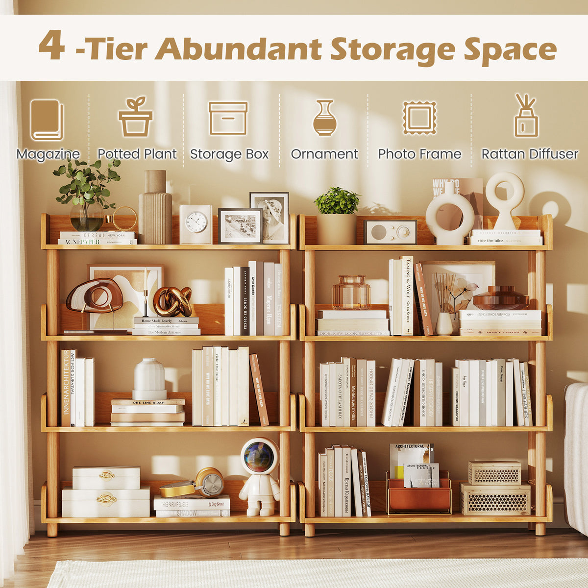 4-Tier Wooden Bookshelf with Sturdy Pine Wood Posts and Elevated Guardrails for Living Room-Natrual