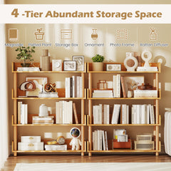 4-Tier Wooden Bookshelf with Sturdy Pine Wood Posts and Elevated Guardrails for Living Room-Natrual