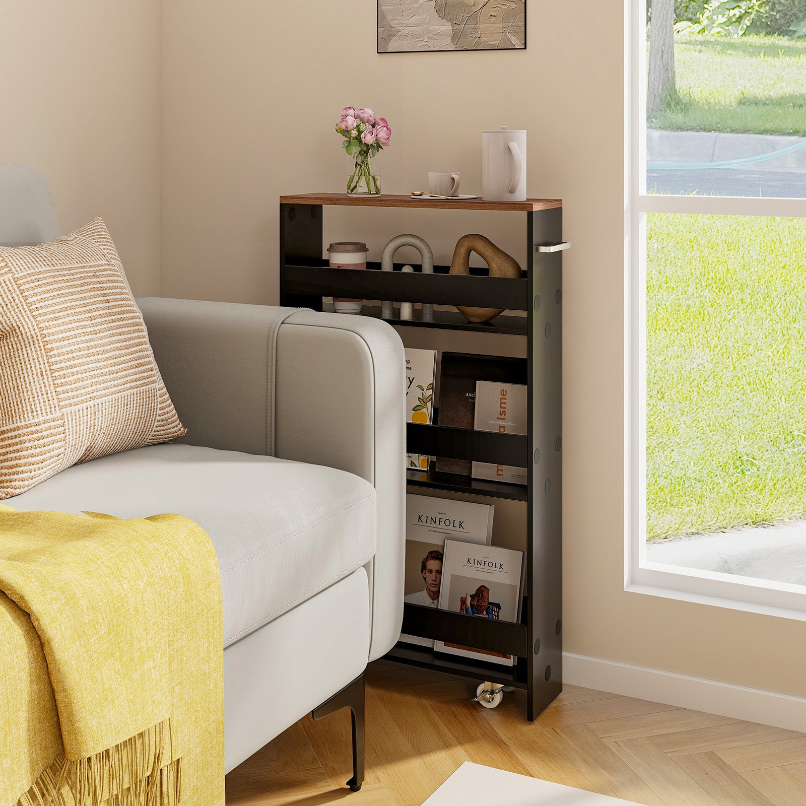 4-Tier Slim Storage Cart with Open Shelves and Wheels-Brown