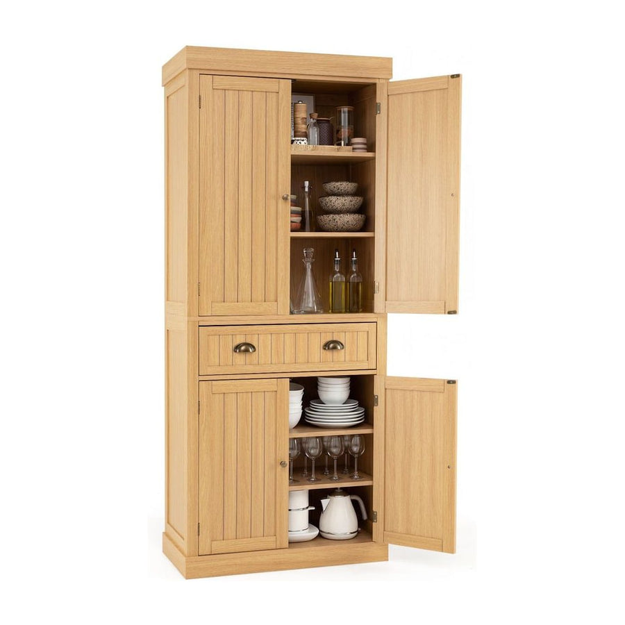 4-Door Tall Kitchen Cupboard with adjustable shelves and a drawer, natural wood finish