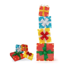 4 Ft Lighted Stackable Gift Boxes shown as a vertical tower and a small pile of individual boxes