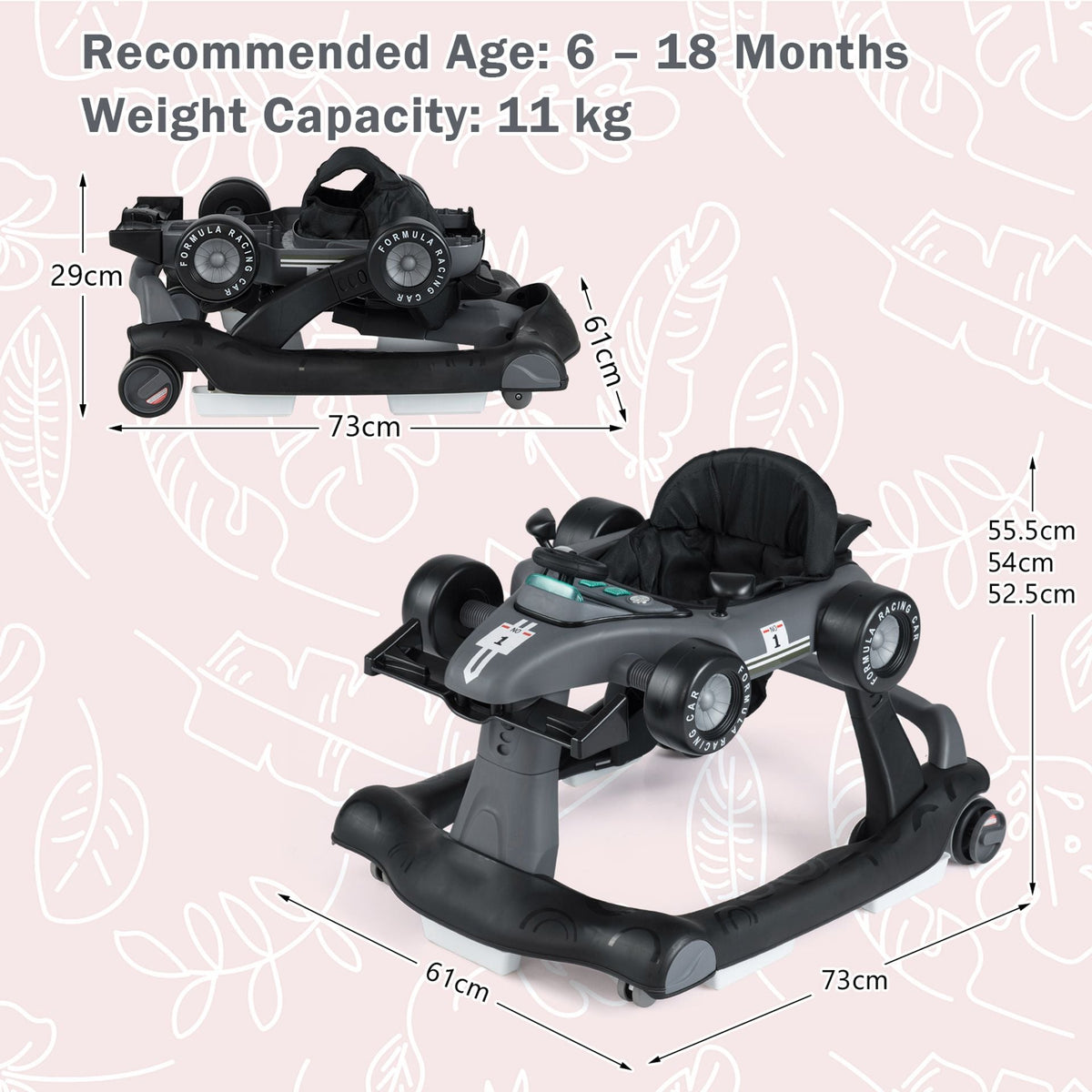4-in-1 Baby Push Walker with Adjustable Height and Speed-Dark Grey