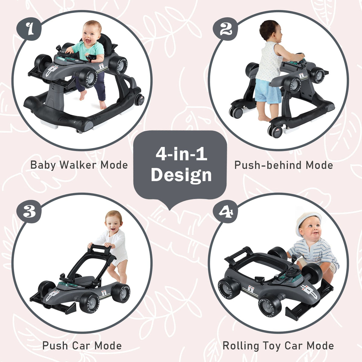 4-in-1 Baby Push Walker with Adjustable Height and Speed-Dark Grey