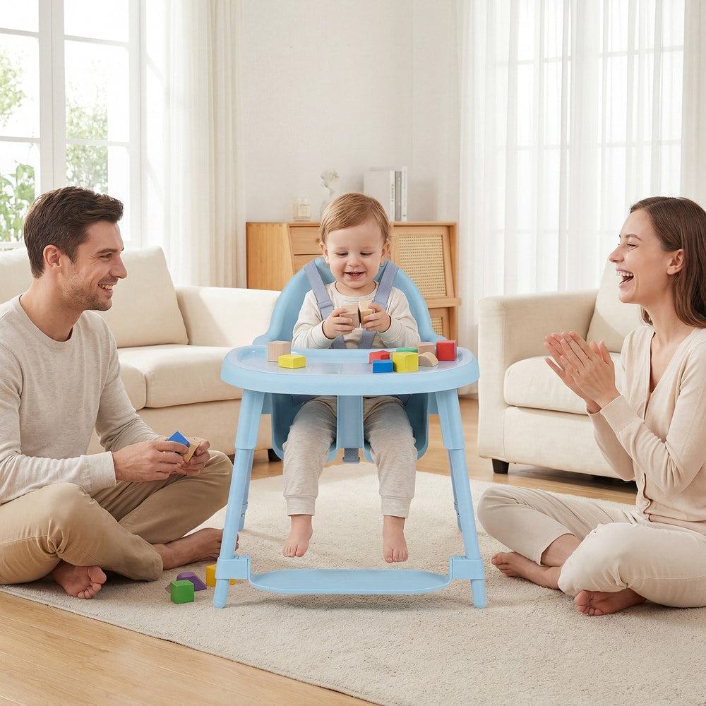 Family interacting with a baby in the blue convertible high chair at a table