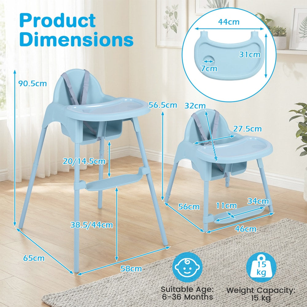 Product dimensions diagram for the blue convertible high chair