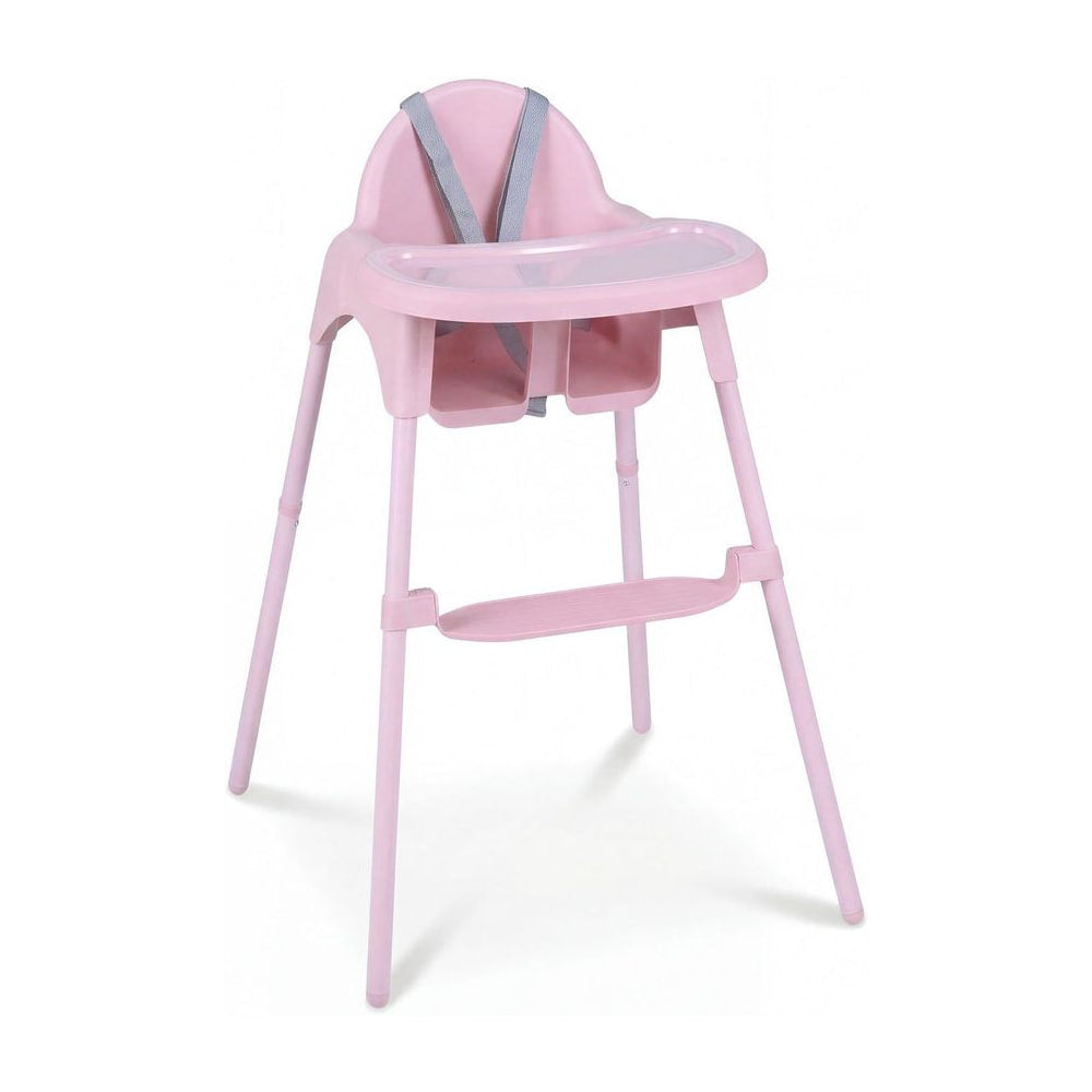 4-in-1 Convertible Baby High Chair in pink, a sturdy plastic feeding chair with a removable tray and safety straps
