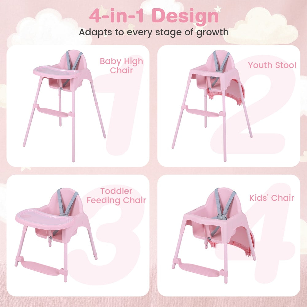 Four stages of the pink convertible high chair: Baby High Chair, Toddler Feeding Chair, Youth Stool, and Kids' Chair